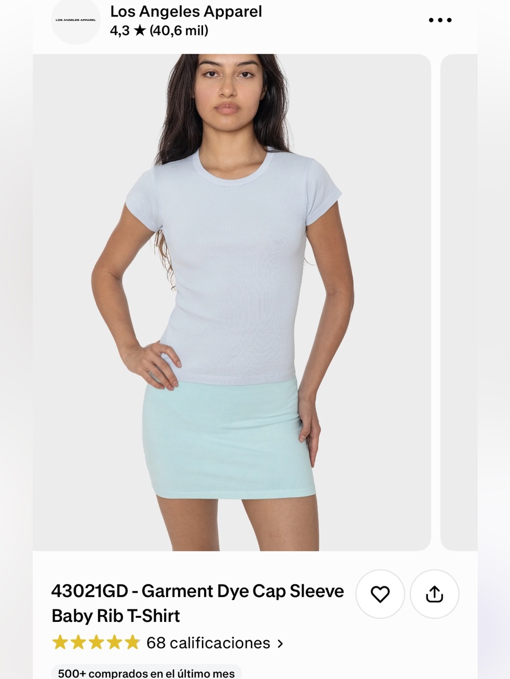 Los Angeles Apparel Light Blue Baby Rib Cap Sleeve Tee